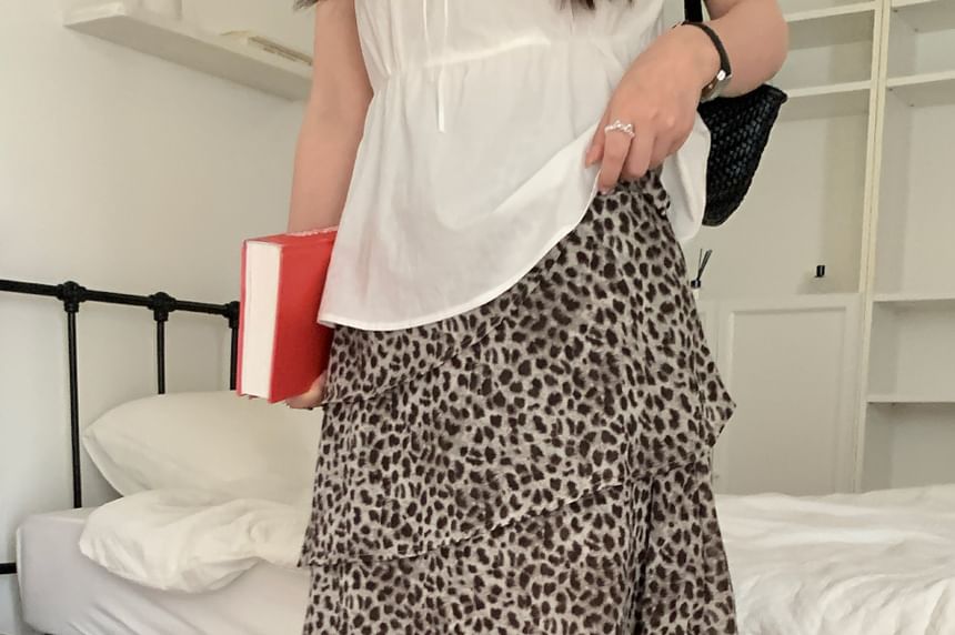 High Waist Leopard Print Asymmetrical Tiered A-Line Skirt