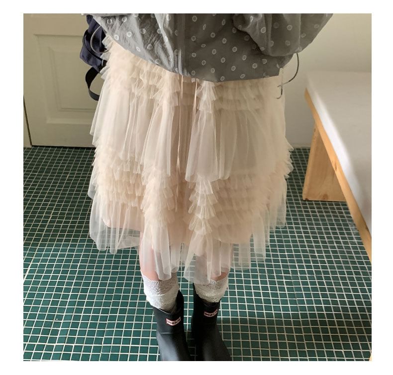 Drawstring Waist Mesh Panel Tiered Ruffle A-Line Skirt