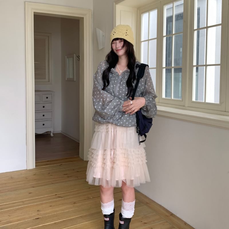 Drawstring Waist Mesh Panel Tiered Ruffle A-Line Skirt
