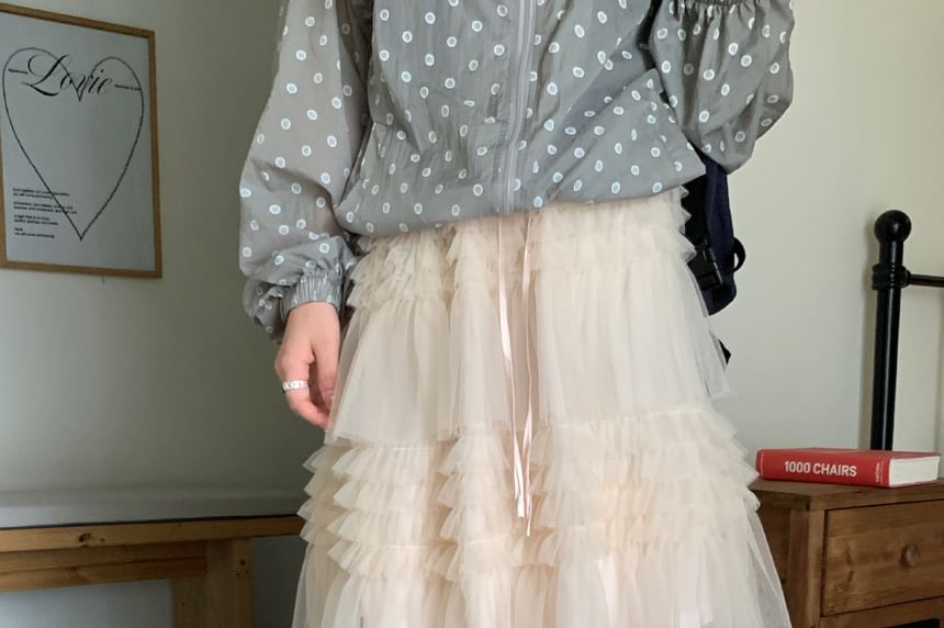 Drawstring Waist Mesh Panel Tiered Ruffle A-Line Skirt