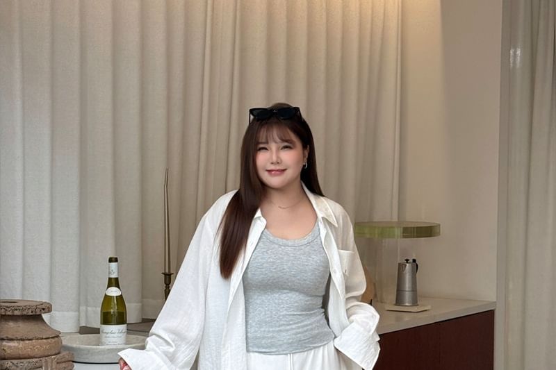 Collared Long Sleeve Shirt & Scoop Neck Tank Top