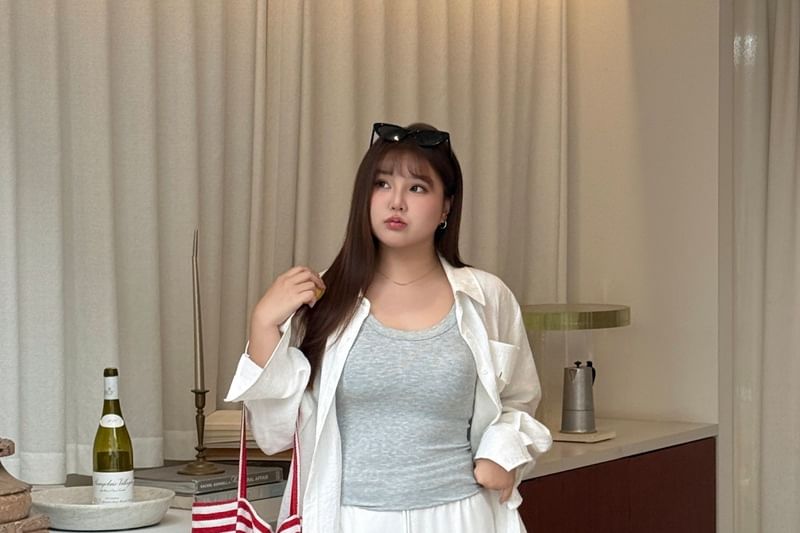 Collared Long Sleeve Shirt & Scoop Neck Tank Top
