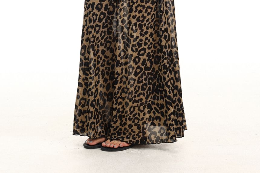 Mid Rise Leopard Print Maxi A-Line Skirt