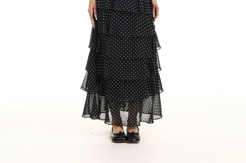 Mid Rise Dotted Maxi Tiered Skirt