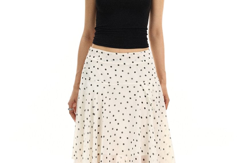 Mid Rise Dotted Asymmetrical Midi A-Line Skirt