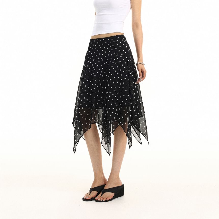 Mid Rise Dotted Asymmetrical Midi A-Line Skirt