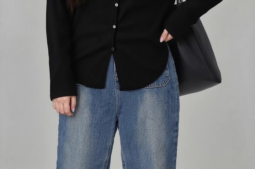 V-Neck Ribbed Button Top Long Sleeve