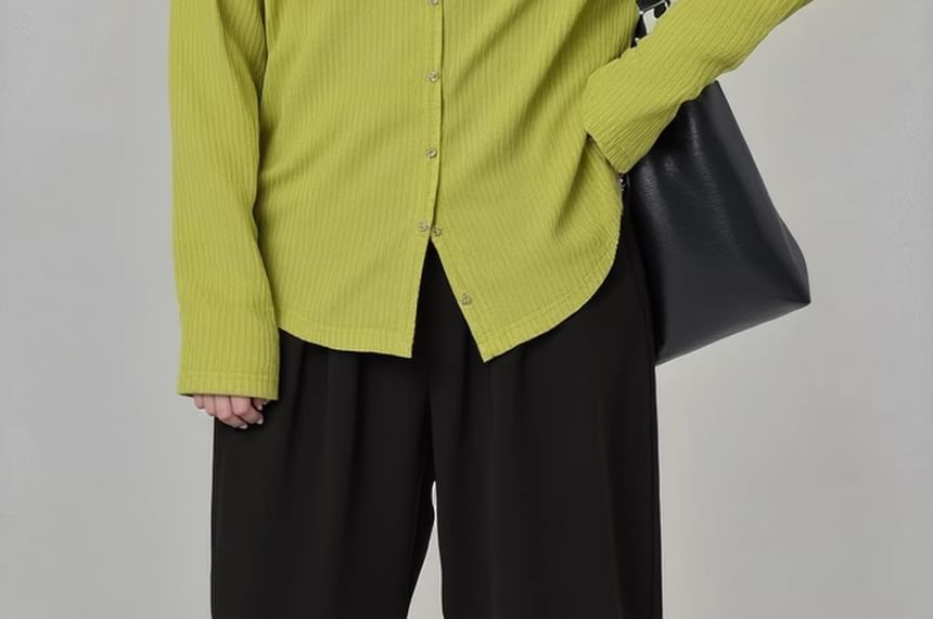 V-Neck Ribbed Button Top Long Sleeve