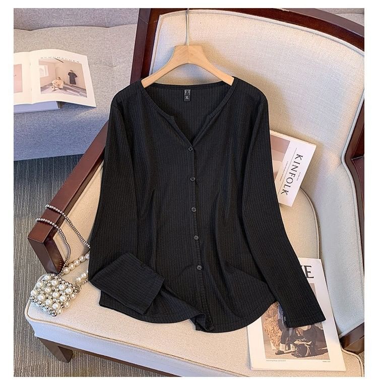 V-Neck Ribbed Button Top Long Sleeve