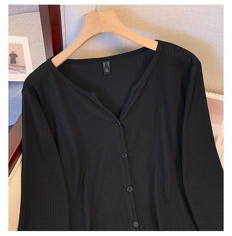 V-Neck Ribbed Button Top Long Sleeve