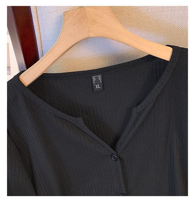V-Neck Ribbed Button Top Long Sleeve