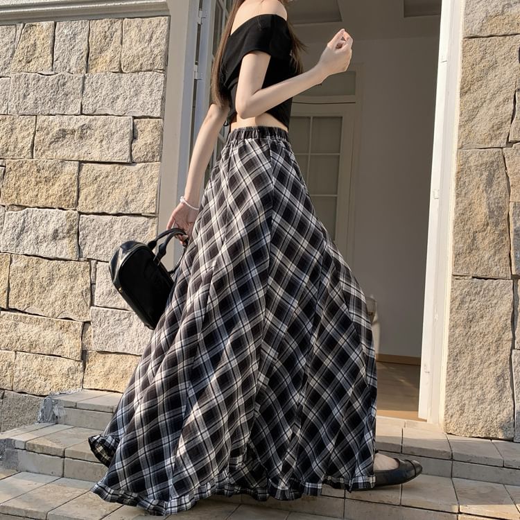 High Waist Plaid Asymmetrical Frill Trim Maxi A-Line Skirt