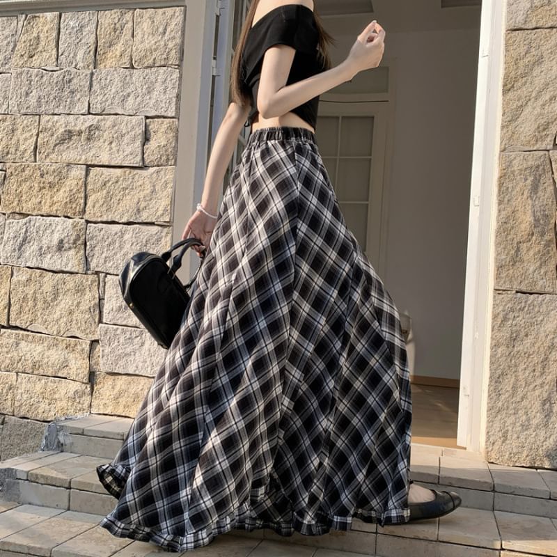 High Waist Plaid Asymmetrical Frill Trim Maxi A-Line Skirt