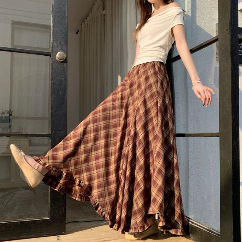 High Waist Plaid Asymmetrical Frill Trim Maxi A-Line Skirt
