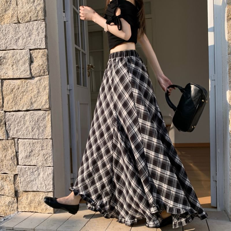 High Waist Plaid Asymmetrical Frill Trim Maxi A-Line Skirt