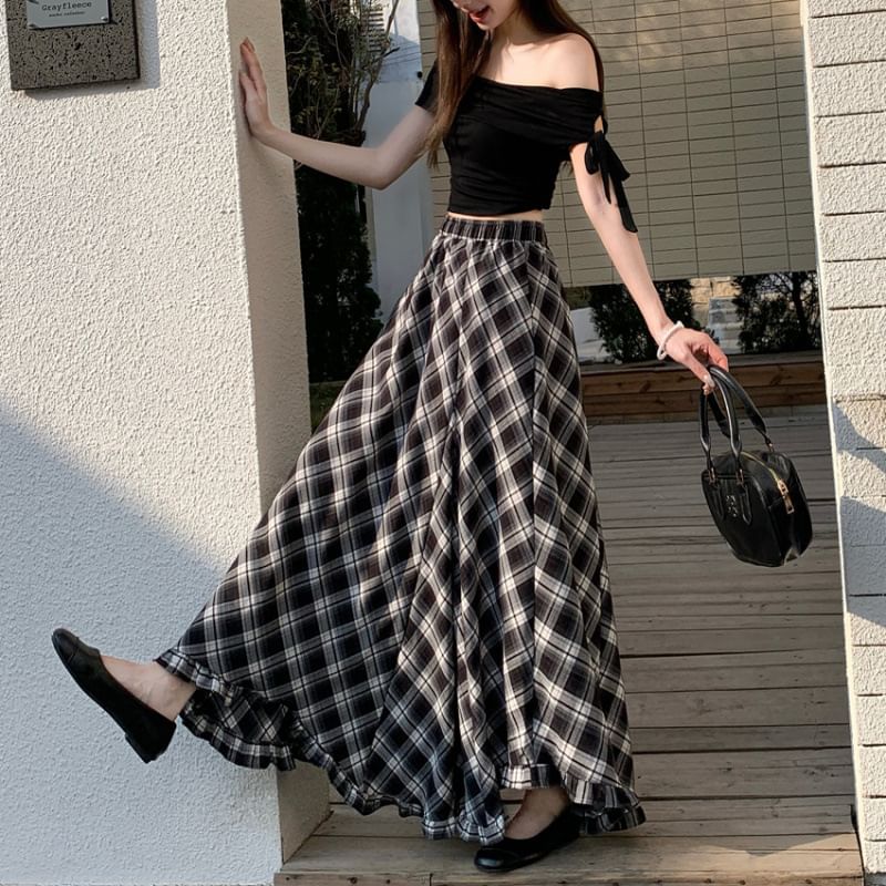 High Waist Plaid Asymmetrical Frill Trim Maxi A-Line Skirt