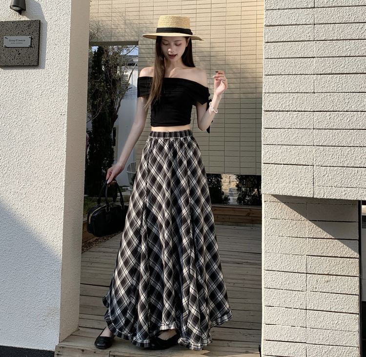 High Waist Plaid Asymmetrical Frill Trim Maxi A-Line Skirt