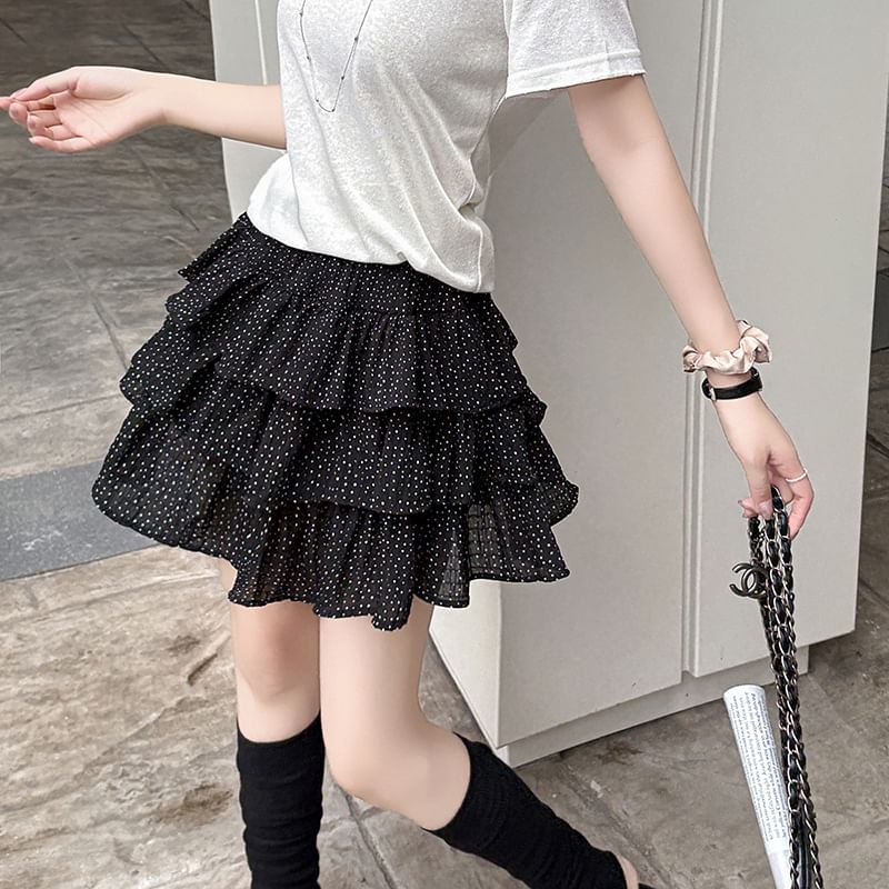 High Waist Micro Dot Tiered Ruffle Mini A-Line Skirt