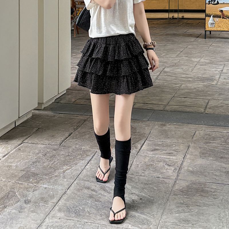 High Waist Micro Dot Tiered Ruffle Mini A-Line Skirt