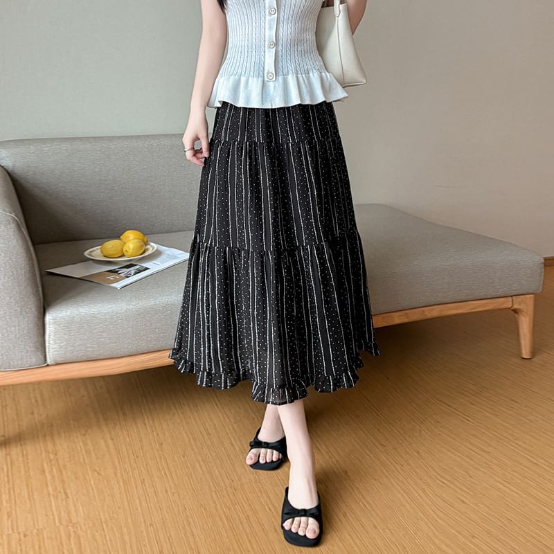 High Waist Micro Dot Frill Trim Midi A-Line Skirt