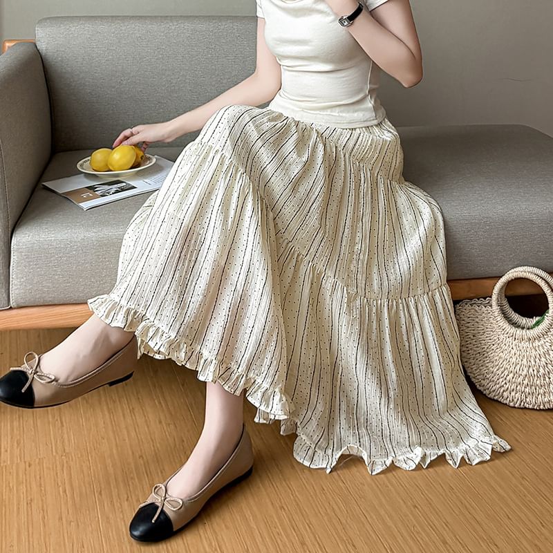 High Waist Micro Dot Frill Trim Midi A-Line Skirt