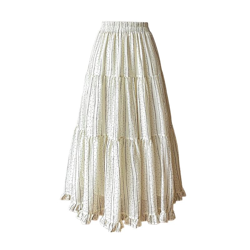 High Waist Micro Dot Frill Trim Midi A-Line Skirt