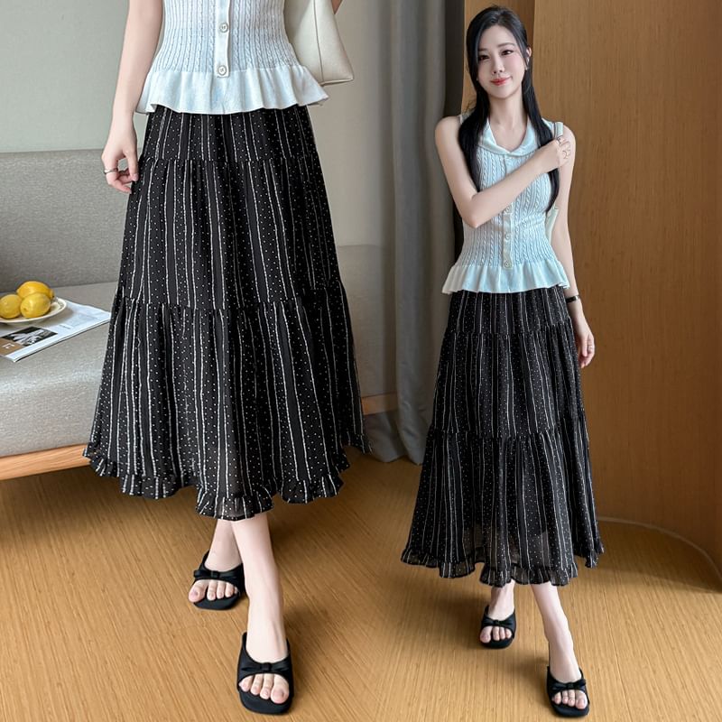 High Waist Micro Dot Frill Trim Midi A-Line Skirt