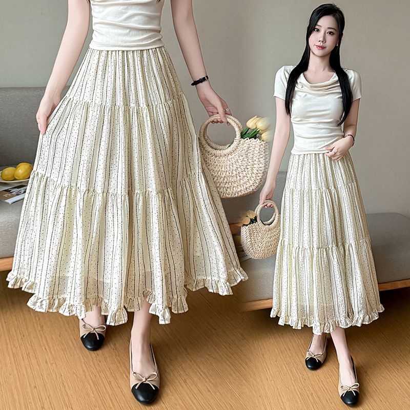 High Waist Micro Dot Frill Trim Midi A-Line Skirt
