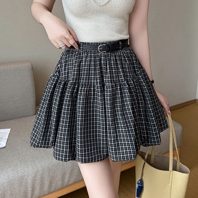 High Waist Plaid Bubble Hem Mini A-Line Skirt