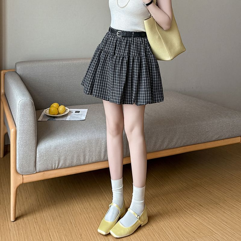 High Waist Plaid Bubble Hem Mini A-Line Skirt