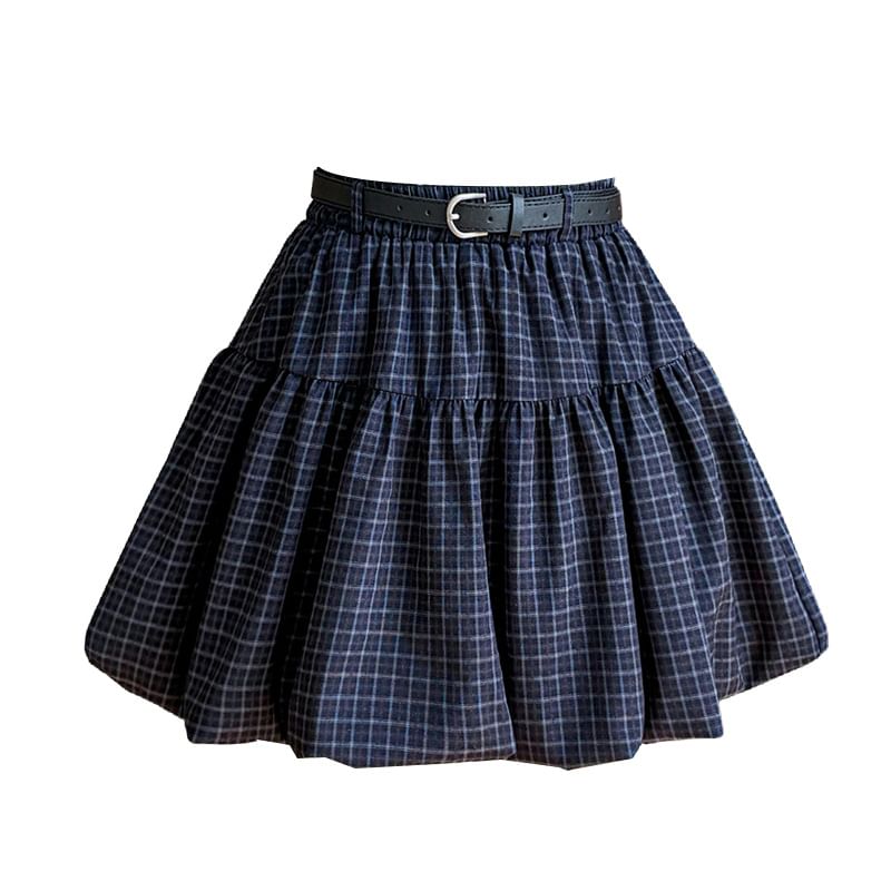 High Waist Plaid Bubble Hem Mini A-Line Skirt