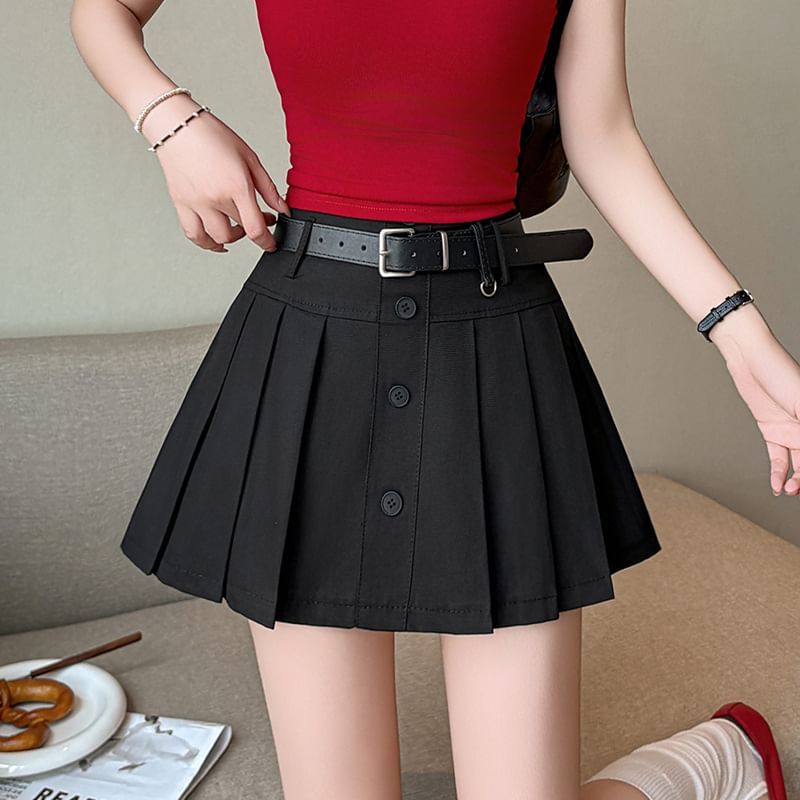 High Waist Plain Pleated Mini A-Line Skirt