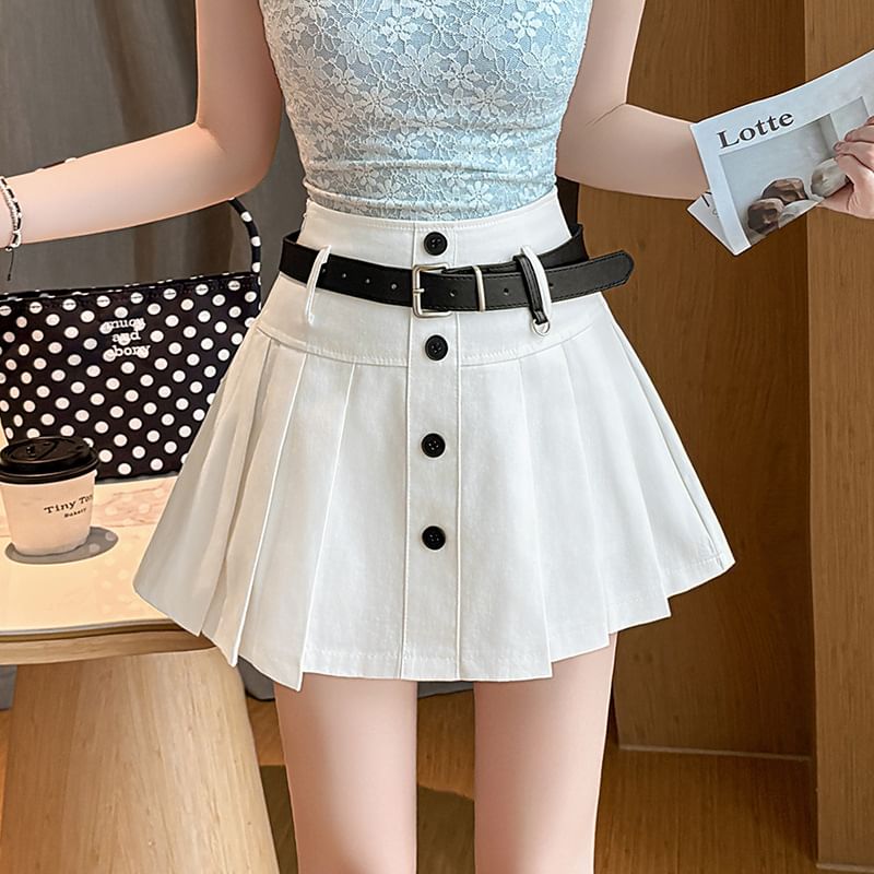 High Waist Plain Pleated Mini A-Line Skirt