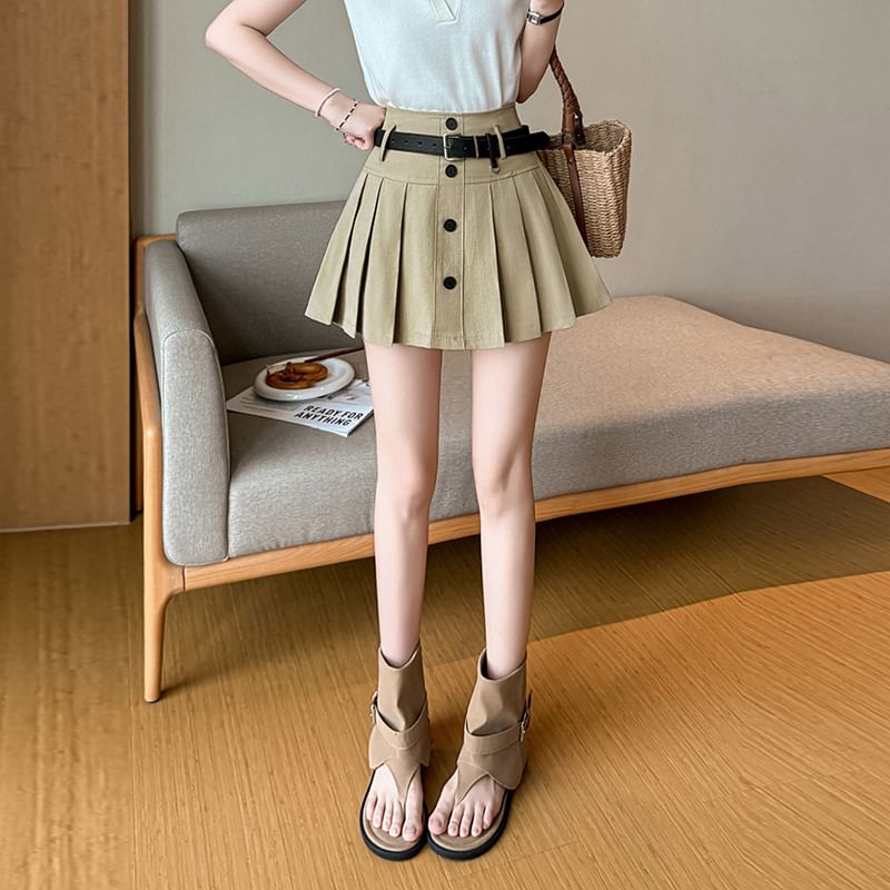 High Waist Plain Pleated Mini A-Line Skirt