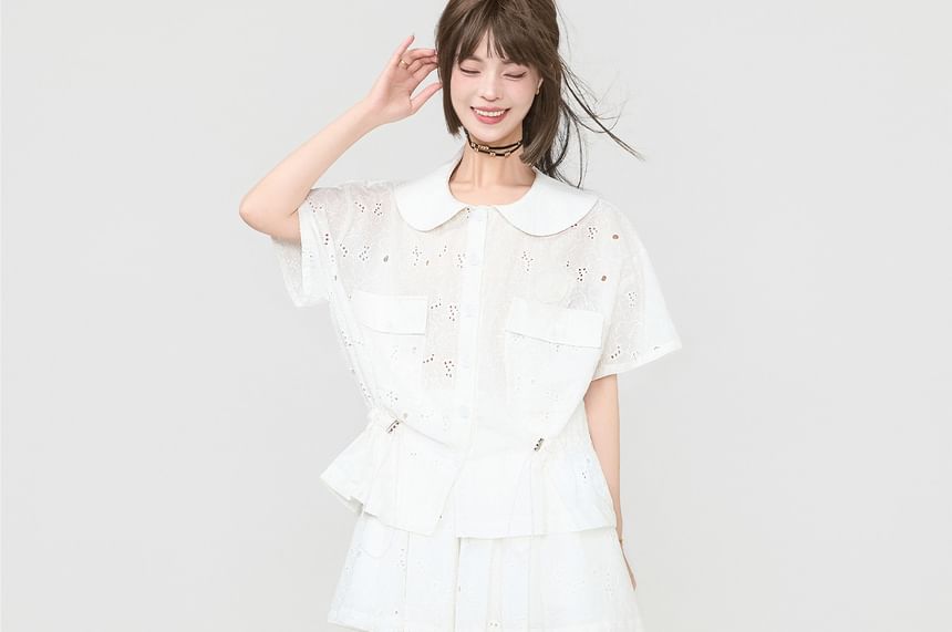 Short Sleeve Perforated Shirt & Mini Pleated Skirt