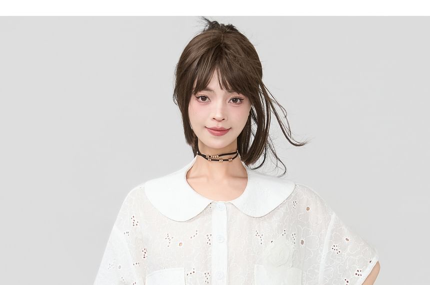 Short-Sleeve Perforated Plain Shirt / Mini Pleated Skirt