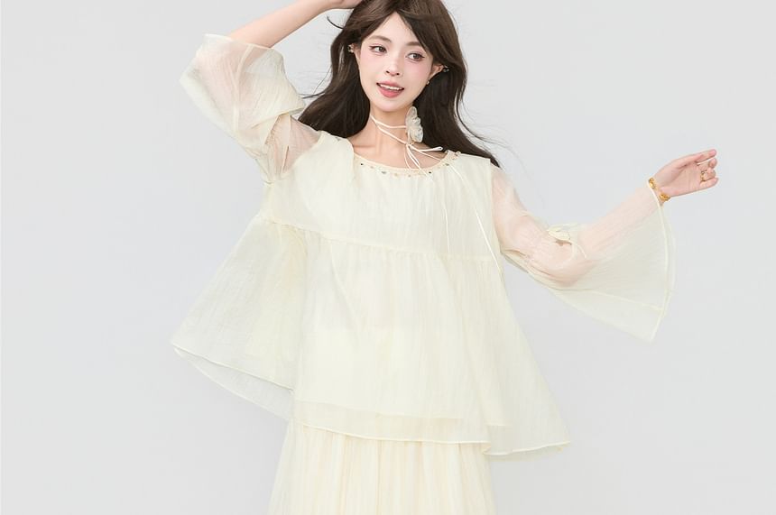 Long-Sleeve Crewneck Sheer Blouse / High Waist Maxi A-Line Skirt
