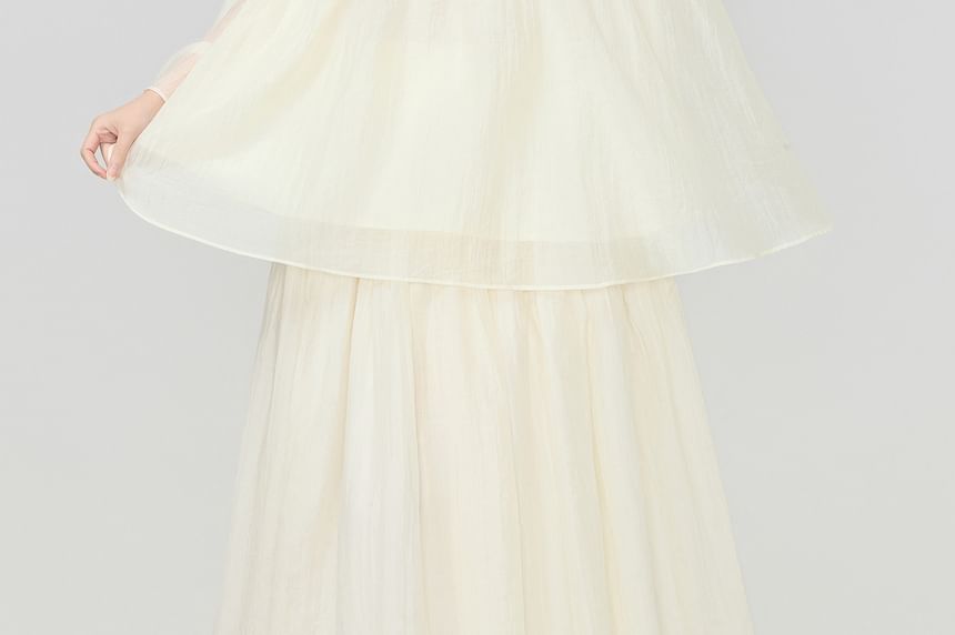 Long-Sleeve Crewneck Sheer Blouse / High Waist Maxi A-Line Skirt