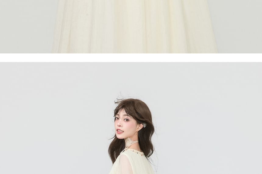 Long-Sleeve Crewneck Sheer Blouse / High Waist Maxi A-Line Skirt