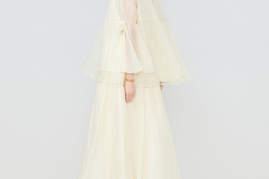 Long-Sleeve Crewneck Sheer Blouse / High Waist Maxi A-Line Skirt