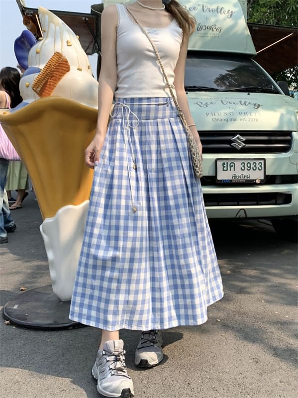 High Waist Gingham Pleated Maxi A-Line Skirt