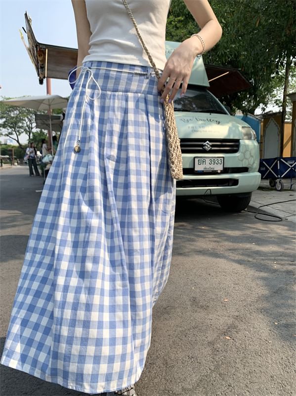 High Waist Gingham Pleated Maxi A-Line Skirt