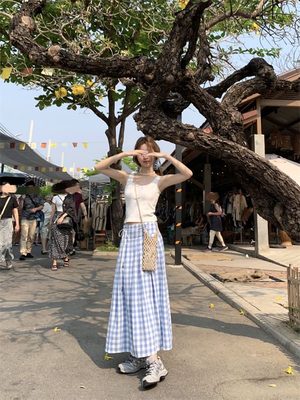 High Waist Gingham Pleated Maxi A-Line Skirt