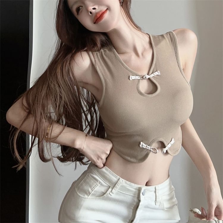 V-Neck Keyhole Frog Closure Padded Crop Tank