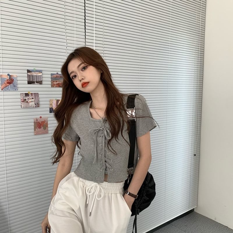 Square Neck Ribbed Lace Up Top Short Sleeve