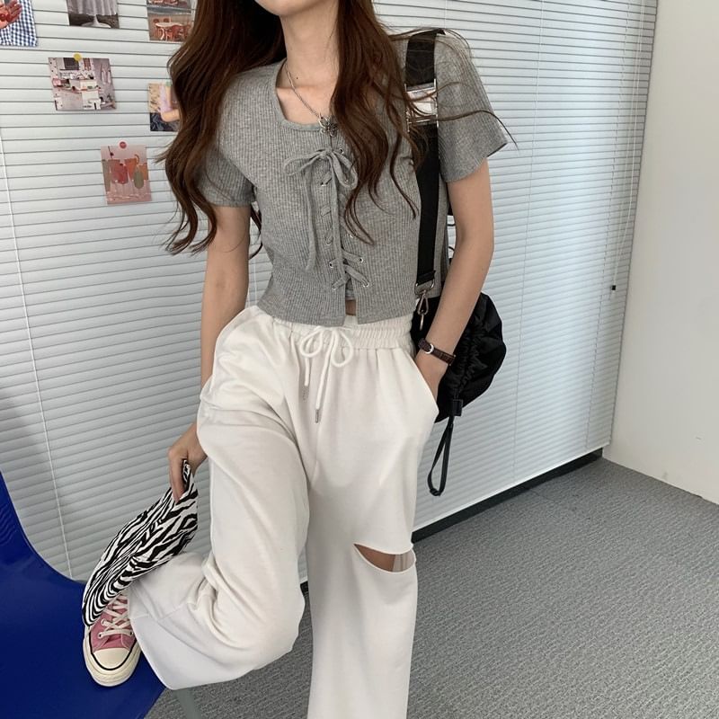 Square Neck Ribbed Lace Up Top Short Sleeve