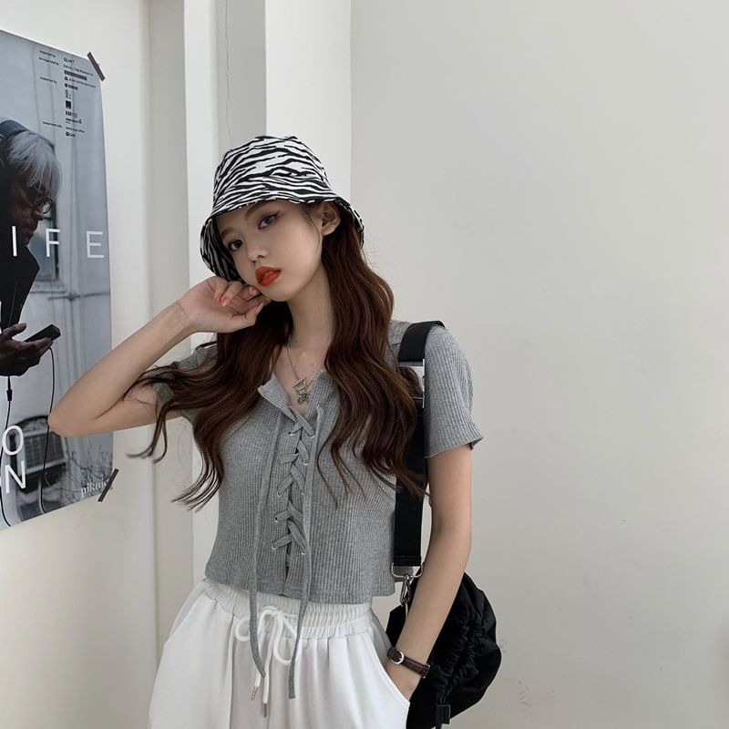 Square Neck Ribbed Lace Up Top Short Sleeve