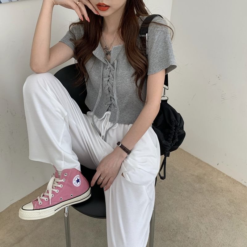 Square Neck Ribbed Lace Up Top Short Sleeve