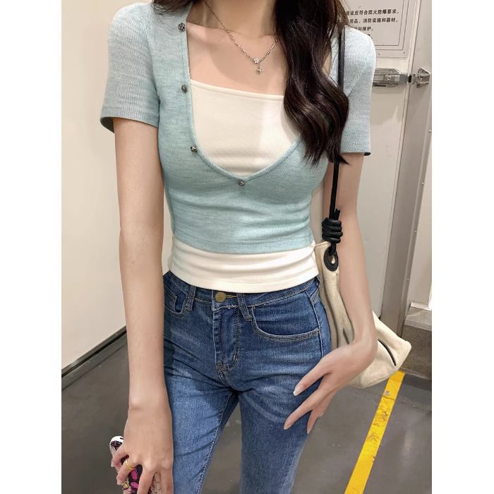 Mock Two Piece Button Detail Top Short Sleeve