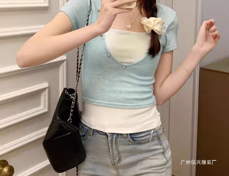 Mock Two Piece Button Detail Top Short Sleeve